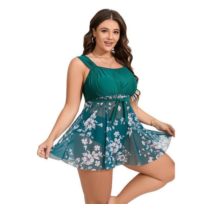 2023 Wholesale Women Plus Size Swimsuit Mesh Floral Print Tankini Set Lace-Up Supplier