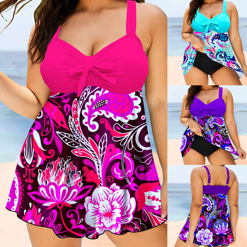 2023 Wholesale Large Size Swimsuit Two Piece Tankini Set Floral Print Push Up Fat Women
