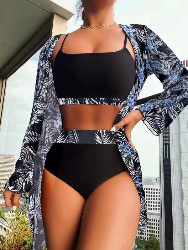 2023 Wholesale High Waist Bikini Set Three Piece Palm Tree Print Cover Ups Summer