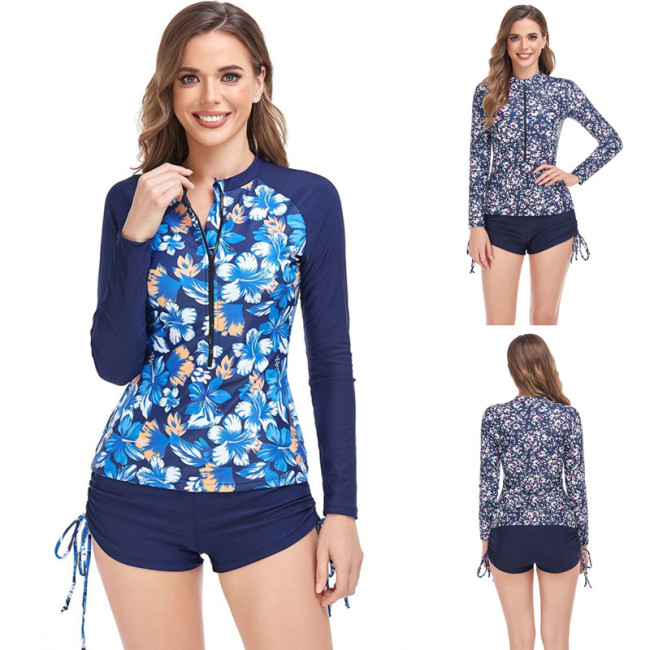 2023 Wholesale Long Sleeve Printed Zipper Surf Swimsuit Beach Boxer Drawstring Lace Up