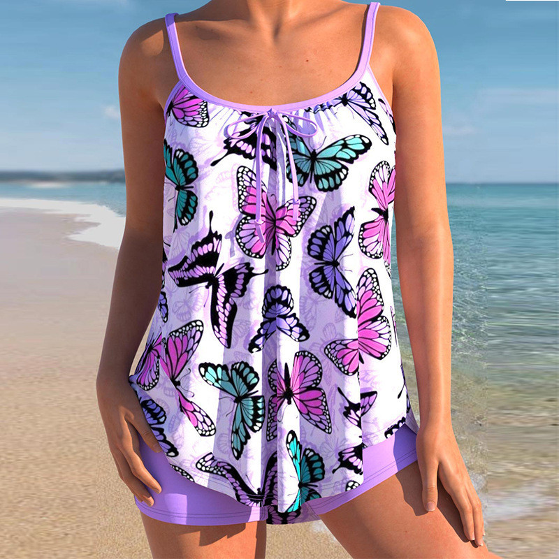 2023 Butterfly Pattern Tankini Set 2 Piece Beachwear with Shorts Summer for Women