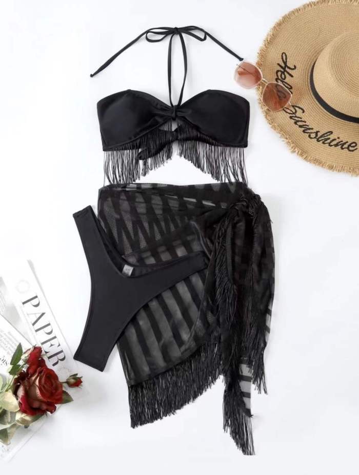 2023 Wholesale Mesh 3 Piece Bikini Set Strapless Black Halter Tassel Cover Up Swimsuit