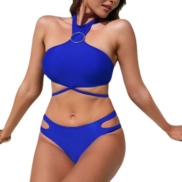2023 New Swimsuit Manufacturer Solid Blue Halter Neck Bikini Set Cutout Lace Up Back