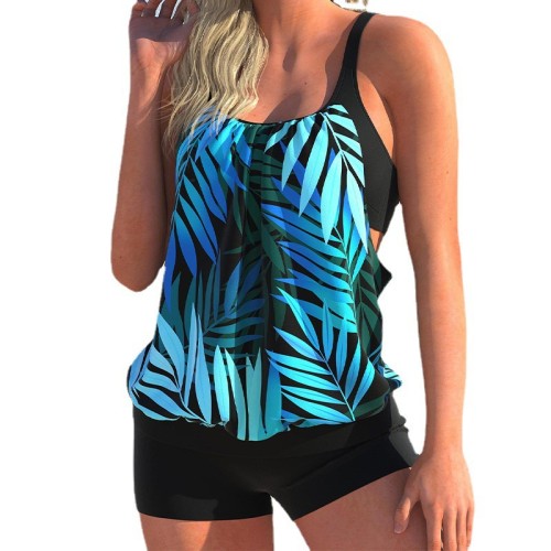 2023 Wholesale Swimwear Leaf Print Tankini Sets with Boxer Shorts Ladies Swimsuit