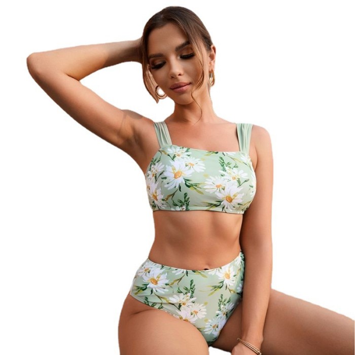 2023 Wholesale Flower Pattern Swimsuit Two Piece Support Tops Stretch Straps