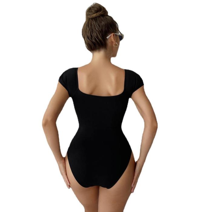 2023 Solid Black One Piece Swimsuit Ribbed Short Sleeve Front Zipper Manufacturer