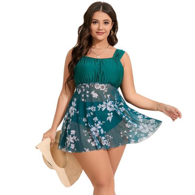 2023 Wholesale Women Plus Size Swimsuit Mesh Floral Print Tankini Set Lace-Up Supplier