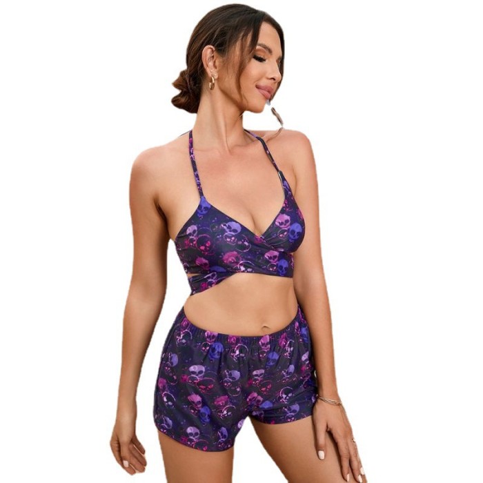 2023 Wholesale Purple Three Piece Swimsuit Skull Print Halter Bikini Top Shorts Briefs