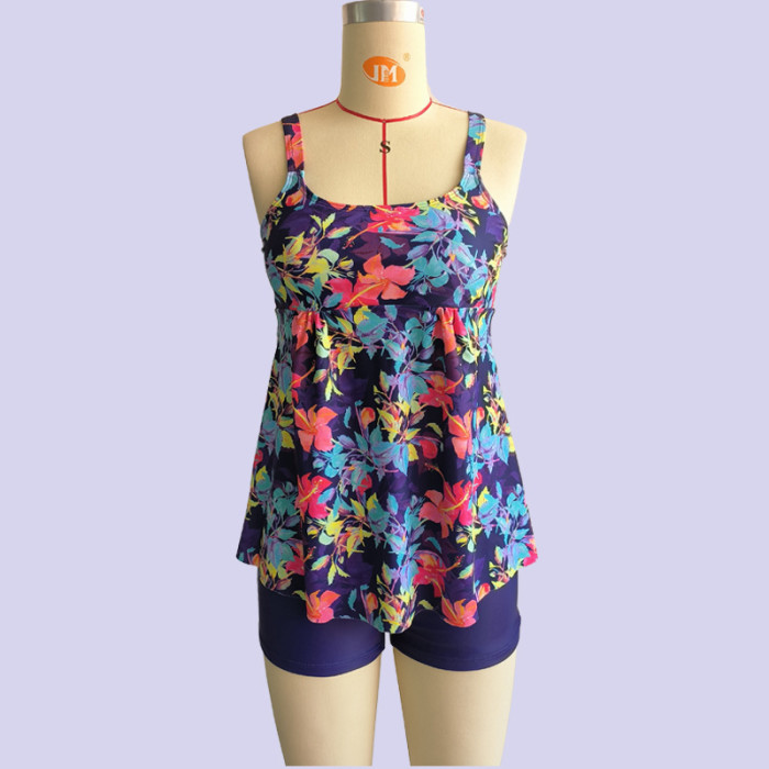 2023 Wholesale Floral Print Tankini Set Large Size Two Piece Swim Shorts for Women