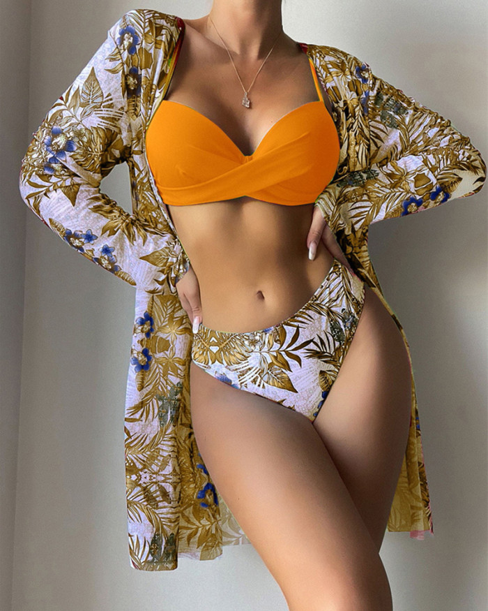 2023 Wholesale Three Piece Swimwear Digital Print Sun Protection Blouse Beach Cover Up