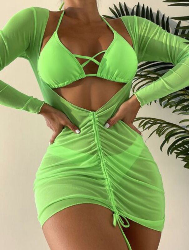 2023 Wholesale Three Piece Swimsuit Mesh Drawstring Sexy Beach Cover Up for Women