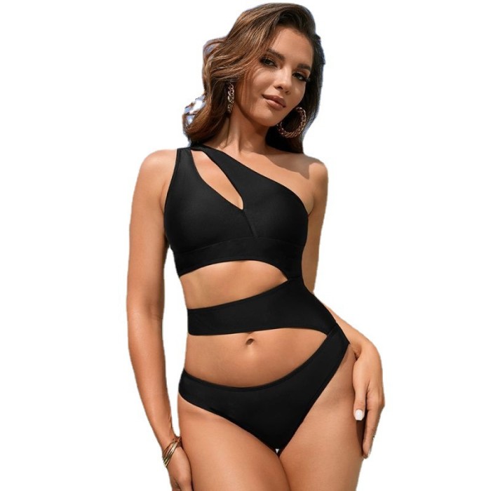 2023 Wholesale One Piece Black Monokini Beachwear Hollow Out One Shoulder Women