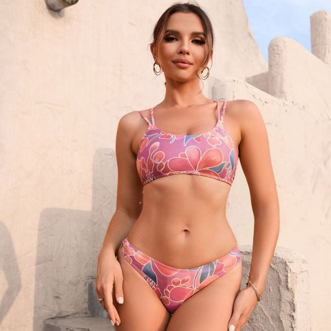 2023 Customize Digital Print Bikini Set Two Piece Shoulder Straps Lace-Up Back Swim Tops