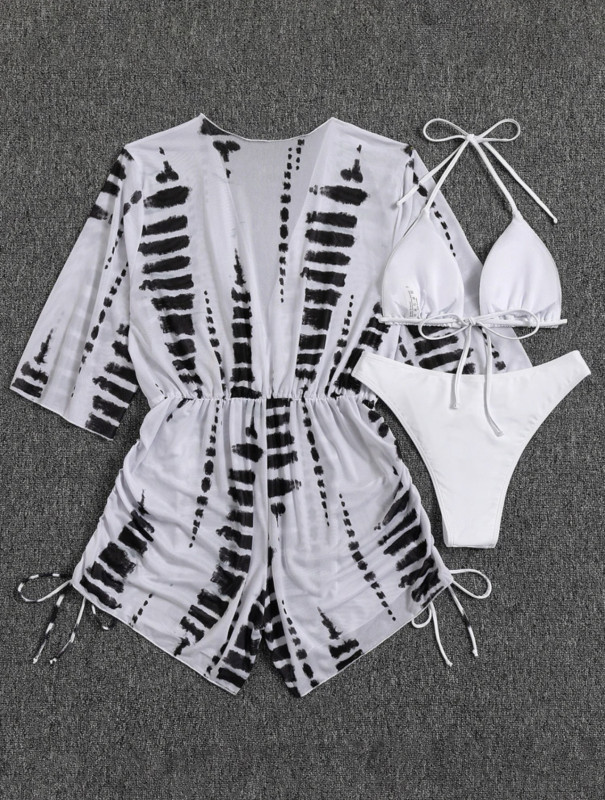 2023 Best Price Three Piece Bikini Set Cow Print Drawstring Short Jumpsuit with Swimsuit
