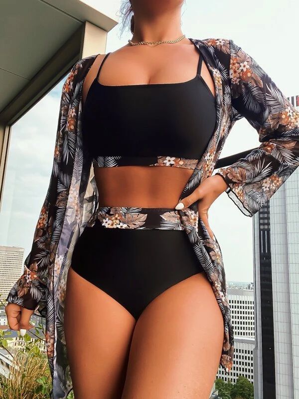 2023 Wholesale High Waist Bikini Set Three Piece Palm Tree Print Cover Ups Summer