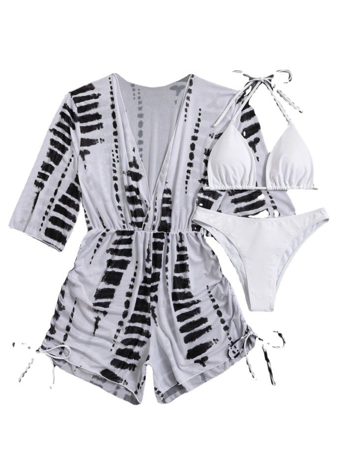 2023 Best Price Three Piece Bikini Set Cow Print Drawstring Short Jumpsuit with Swimsuit