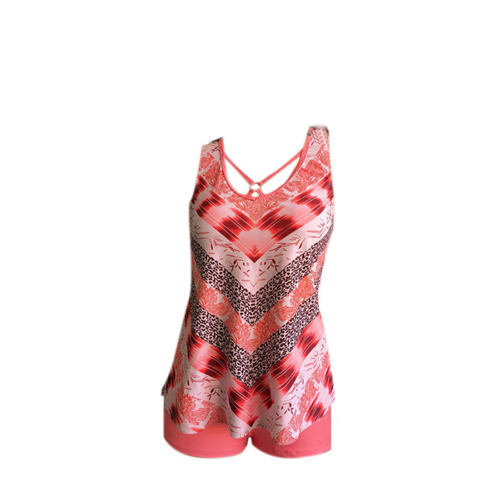 2023 Wholesale Bulk Swimsuit Plus Size Geometric Flame Print with Boxer Tankini Set
