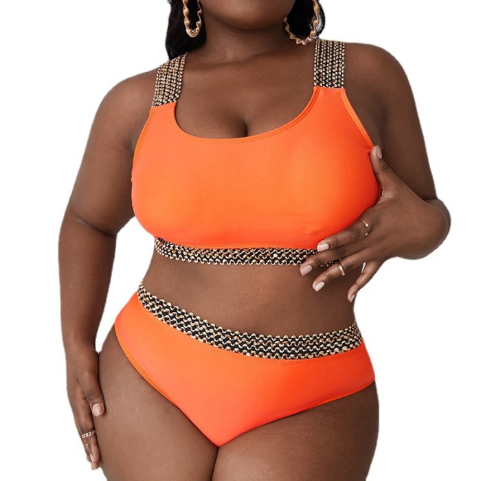 2023 Plus Size High Waisted 2 Piece Bikini Sets Metal Shoulder Straps Solid Orange Color