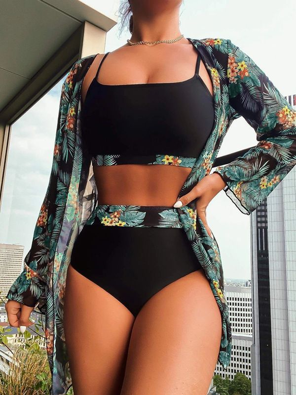 2023 Wholesale High Waist Bikini Set Three Piece Palm Tree Print Cover Ups Summer