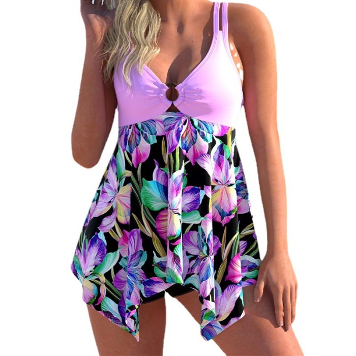 2023 Wholesale Swimwear Push Up Keyhole Flower Print Irregular Skirt Swimsuit Plus