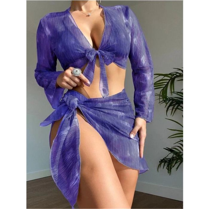 2023 Wholesale Four Piece Swimsuit Purple Bikini Set Tops Cover Ups Skirts Women