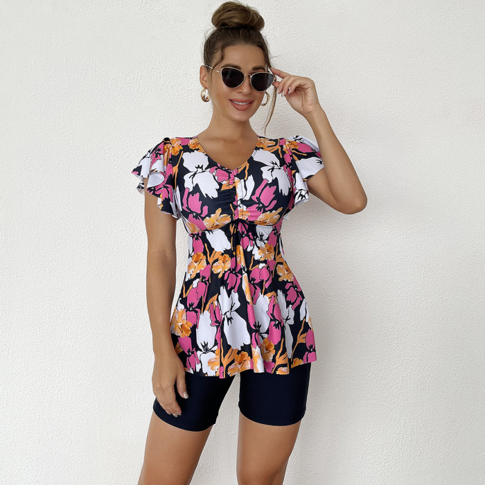 2023 New Tankini Supplier Floral Print Flounce Hem Swimsuit Two Piece with Beach Shorts