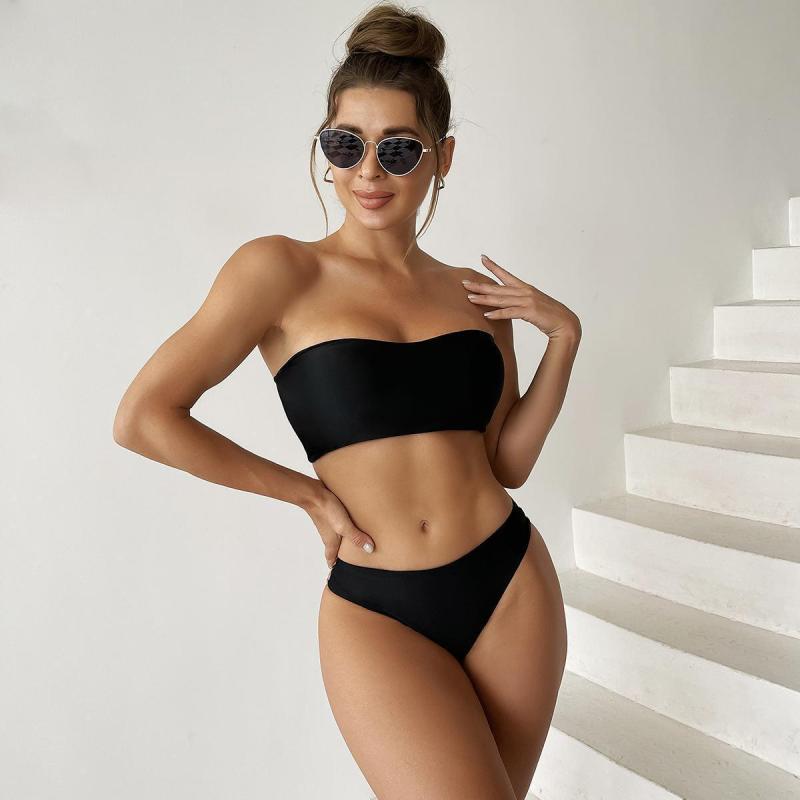 2023 Wholesale Two Piece Bandeau Bikini Strapless Swimsuit Solid Black Strappy Back