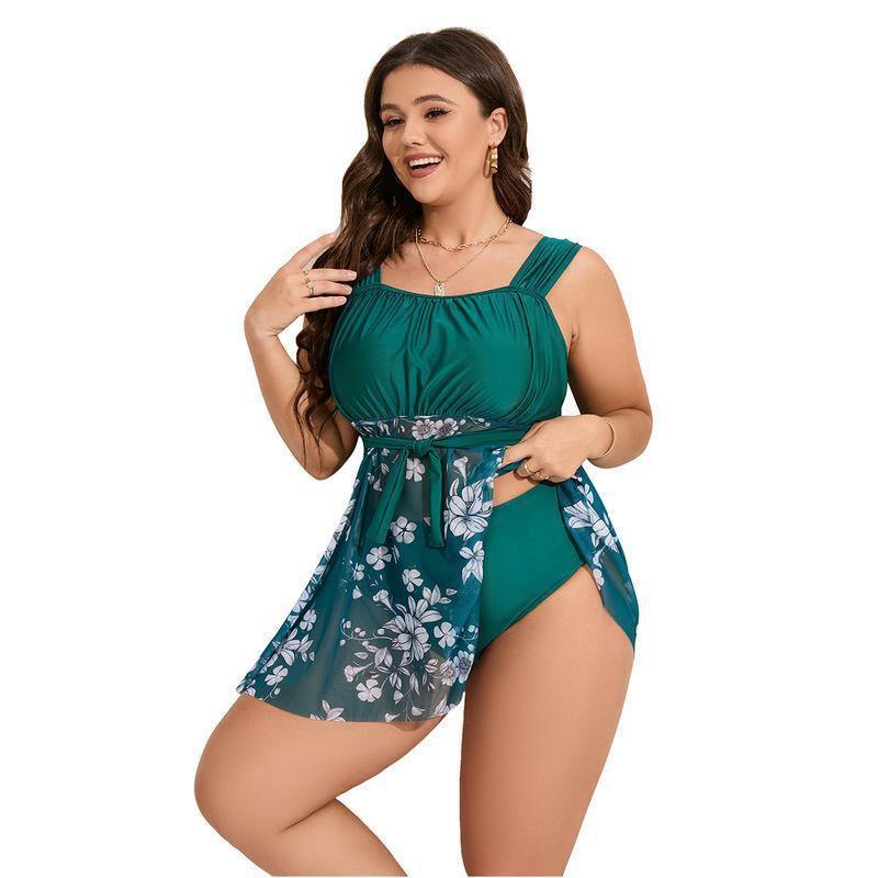 2023 Wholesale Women Plus Size Swimsuit Mesh Floral Print Tankini Set Lace-Up Supplier