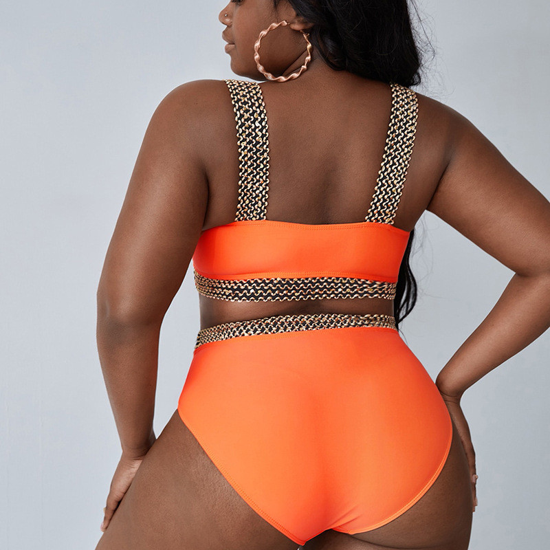 2023 Plus Size High Waisted 2 Piece Bikini Sets Metal Shoulder Straps Solid Orange Color