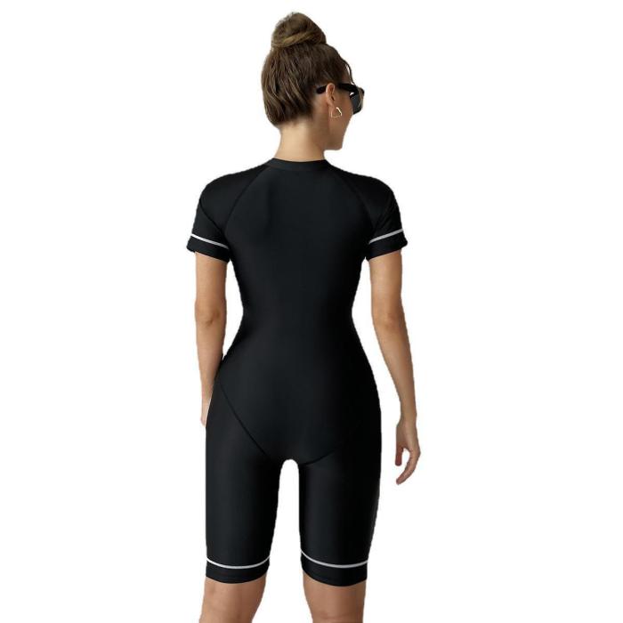 2023 Surfing Bodysuit One Piece Swimwear Black Short Sleeve Front Zipper Slim Fit