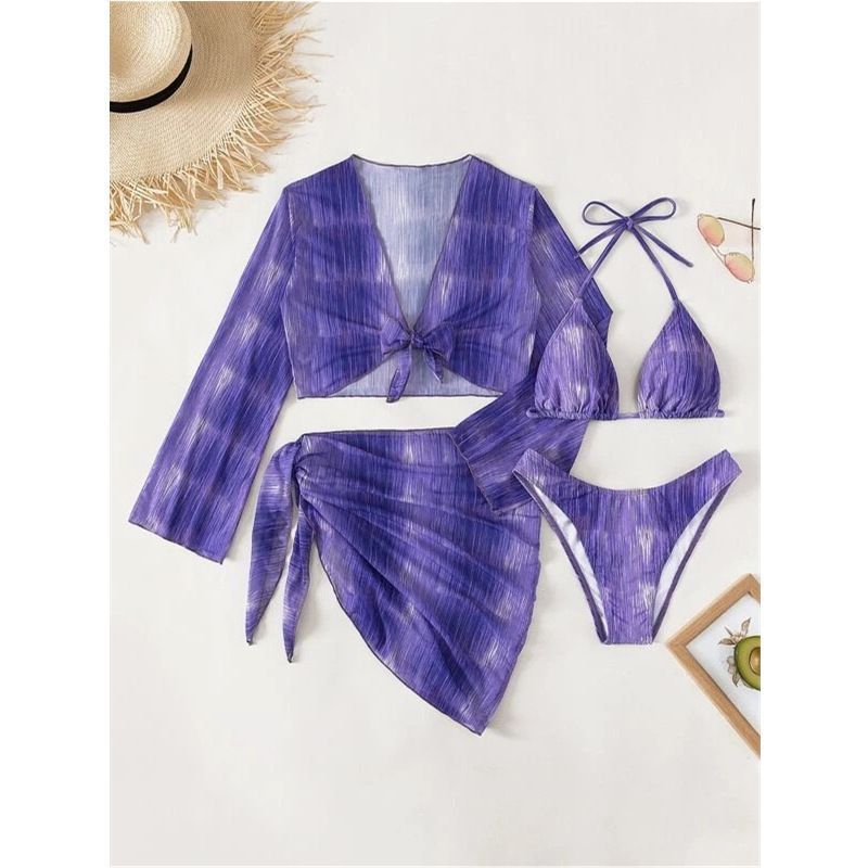 2023 Wholesale Four Piece Swimsuit Purple Bikini Set Tops Cover Ups Skirts Women