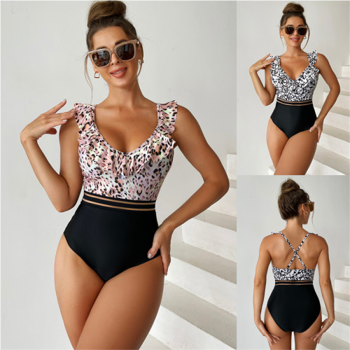 2023 Wholesale One Piece Bikini Skinny Leopard Print Swimsuit with Flounces Deep V Neck
