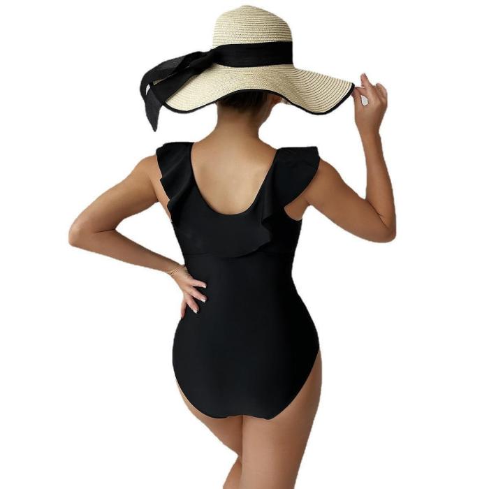 2023 Custom Logo Black One Piece Beachwear Ruffle Shoulder Summer for Women