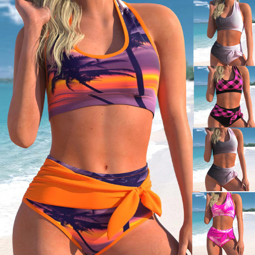 2023 Wholesale Halter Neck Bikini Sets Push Up Tops Print with Knot Swim Bottom