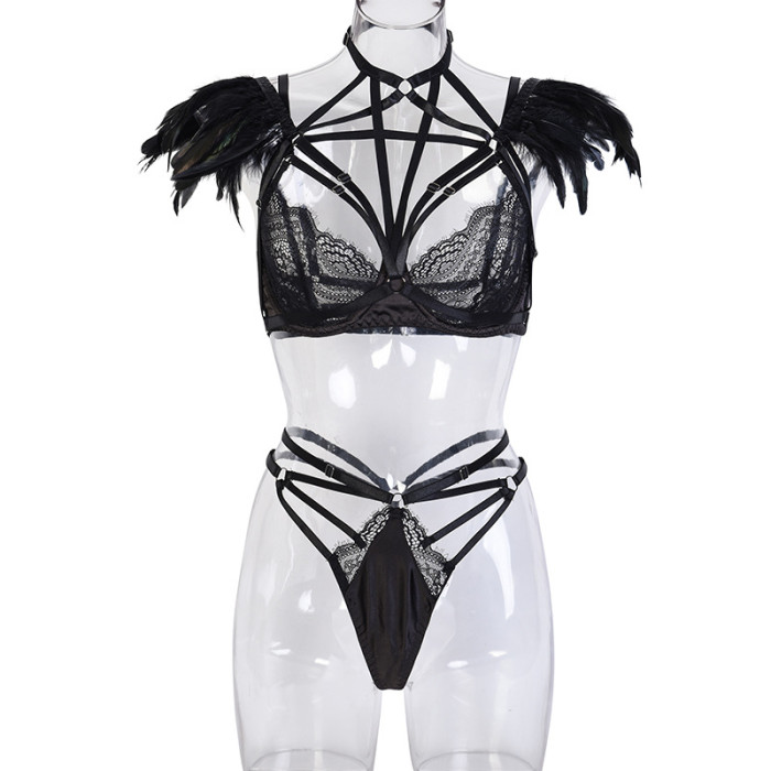 Best Feather Lace Hollow Sexy Lingerie Set Black Strappy Bralette Thong Factory Price