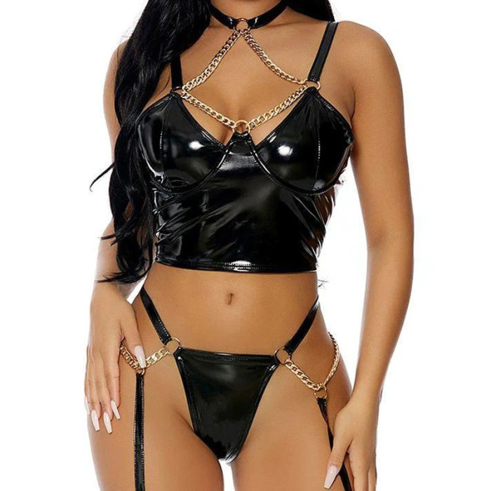 Wholesale Leather Lingerie Black Bustier Tops Back Zipper Thong with Chain Garter Belt