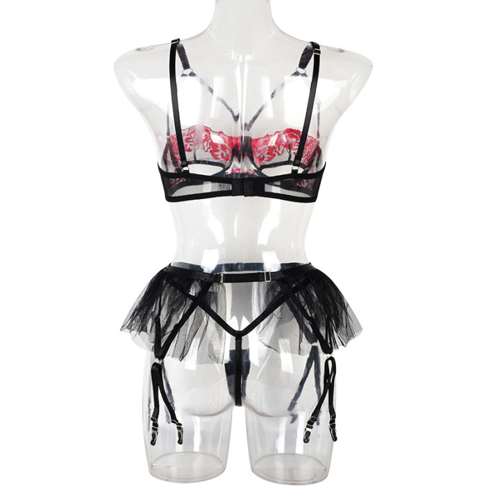 Wholesale Floral Lace Sexy Gauze Net Ruffle Lingerie Hollow Out Bralette Three Sets