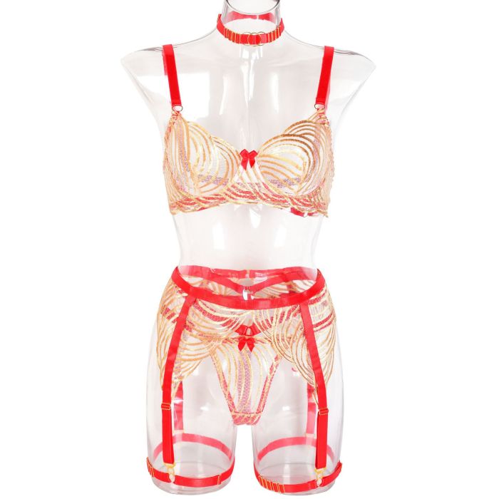 Wholesale Women Wave Embroidery Erotic Lingerie Transparent Mesh 5 Piece Bralette Set