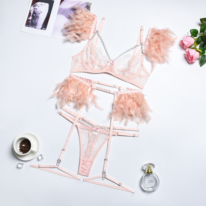 Wholesale Feather Ruffle Lingerie with Chain Lace Push Up Bralette Thong Garter Belt Set