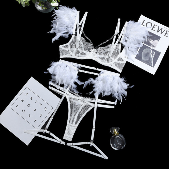 Wholesale Feather Ruffle Lingerie with Chain Lace Push Up Bralette Thong Garter Belt Set