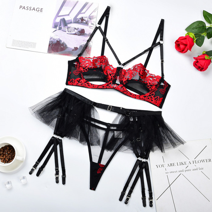 Wholesale Floral Lace Sexy Gauze Net Ruffle Lingerie Hollow Out Bralette Three Sets