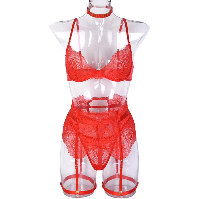 Wholesale Women Naughty Valentines Day Lingerie Red Lace 5 Pieces Set Push Up Bralette