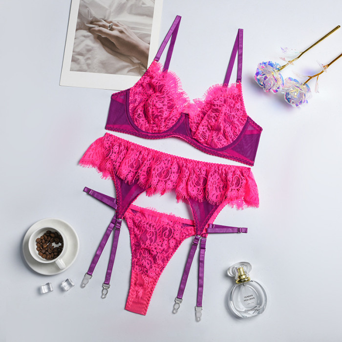 Wholesale Exotic Lingerie Lace Mesh Push Up Sexy Underwear 3 Piece Set Bralette