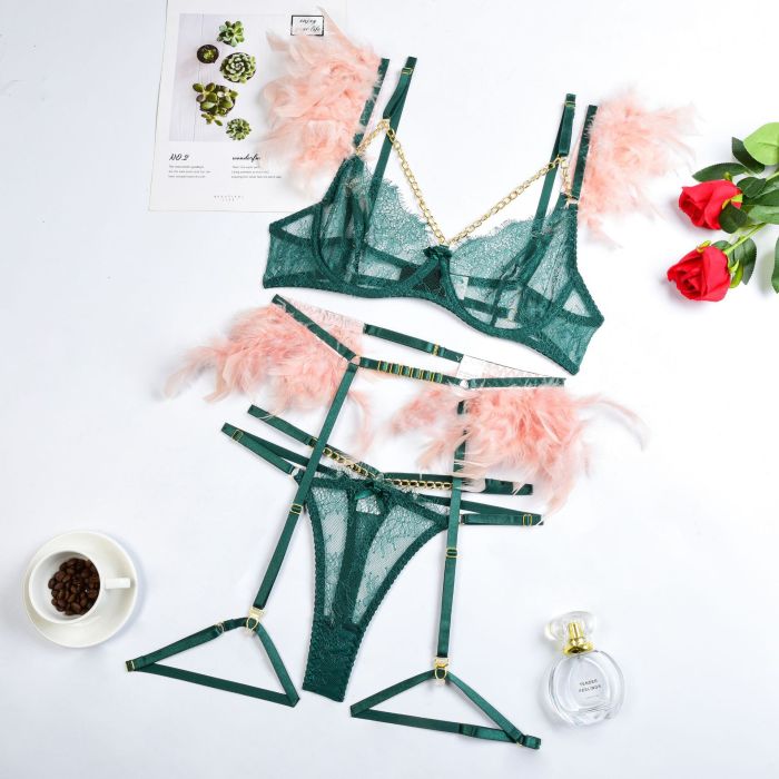 Wholesale Feather Ruffle Lingerie with Chain Lace Push Up Bralette Thong Garter Belt Set