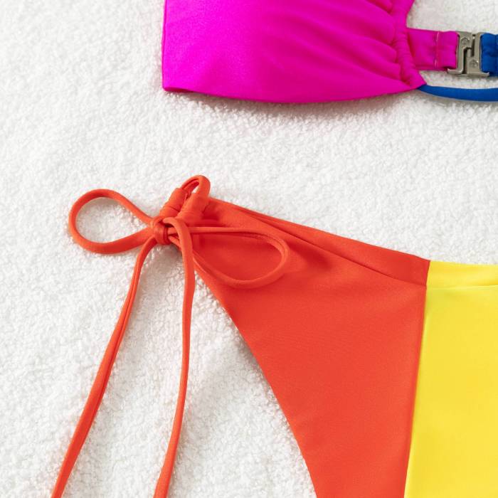 Wholesale Color Block Swimsuit Halter Lace UpSexy Brazilian Bikini Set Summer Supplier