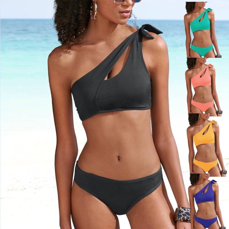 Wholesale One Shoulder Bathing Suit Solid Color Cutout Lac-Up Bikini Manufacturer