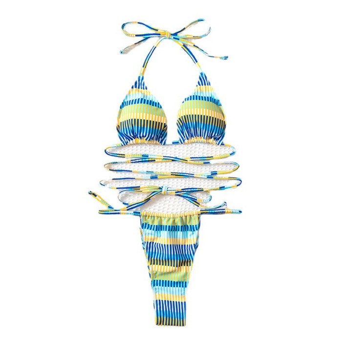 Wholesale Thong Bikini Set Lace-Up Halter Top Mini Brazilian Striped Swimsuit Manufacturer