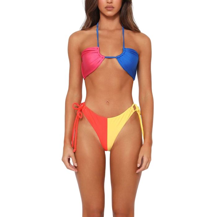 Wholesale Color Block Swimsuit Halter Lace UpSexy Brazilian Bikini Set Summer Supplier