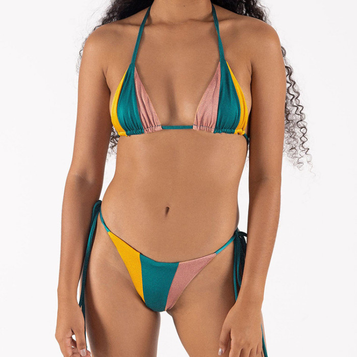 Wholesale Brazilian Stripe Stitching Color Bikini Set Triangle Thong Swimsuit 2023 Supplier