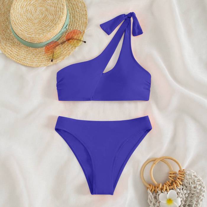 Wholesale One Shoulder Bathing Suit Solid Color Cutout Lac-Up Bikini Manufacturer
